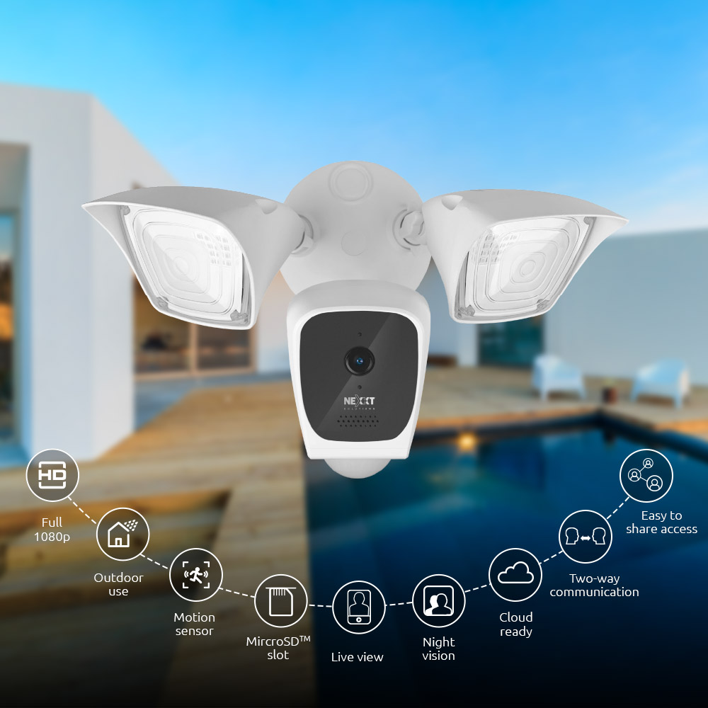 CAMARA PARA EXTERIORES INTELIGENTE WIFI CON PROYECTORES Y DETECTOR DE MOVIMIENTO (NHC-F610)