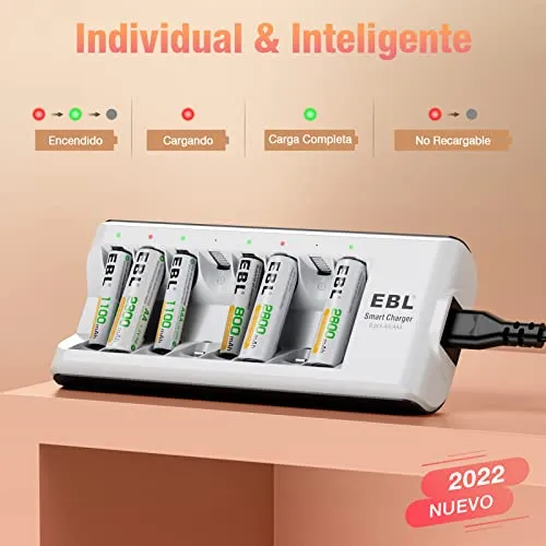 EBL CARGADOR DE BATERÍA DE 8 BAHÍA,  BATERÍAS RECARGABLES AA, AAA, Ni-MH, Ni-Cd