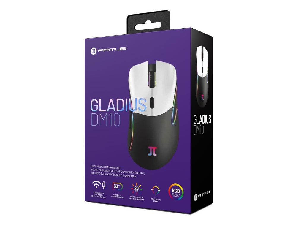 PRIMUS MOUSE GLADIUS DM10 GAMING CONEXION DUAL 10000dpi 6 BOTONES RGB (PMO-103)