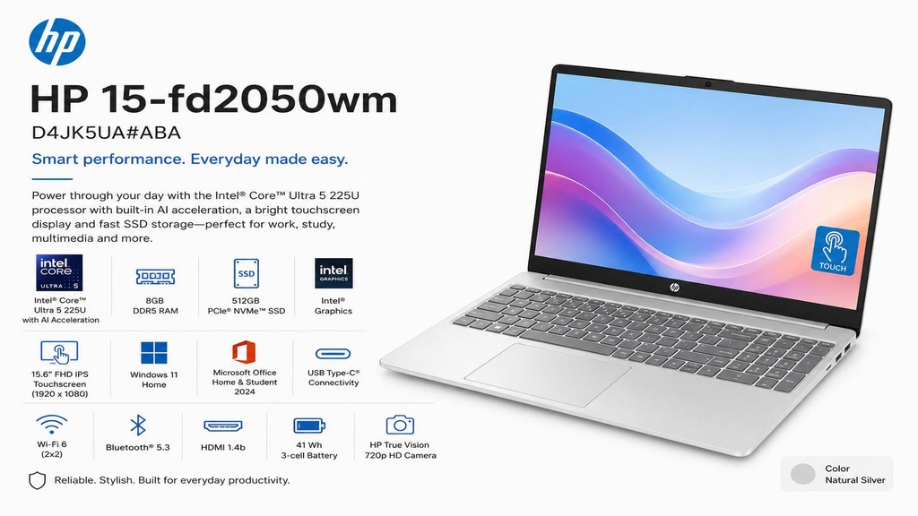 HP PORTATIL 15-FD2050 ULTRA 5 225U 8GB 512GB SSD 15.6" TOUCHSCREEN WIN11