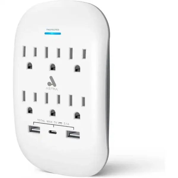 ASTRA TOMA CORRIENTE PROTECTOR DE SOBRETENSIONES CON SENSOR DE LUZ 6 SALIDAS 5-15R 125V/1875W 1USB 2.4A 1USB C 5V