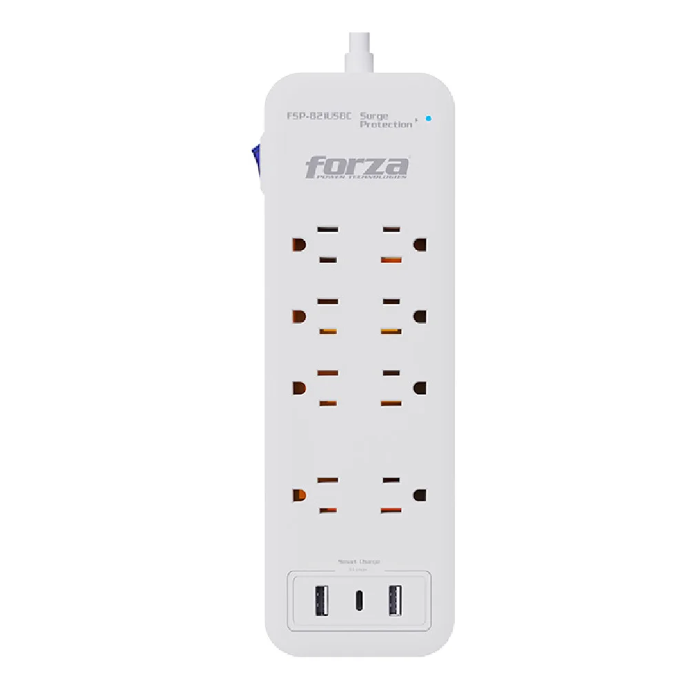 FORZA PROTECTOR CONTRA SOBRETENSIONES 1625 W/2450 J 8 TOMAS 2 USB-A 1 USB-C - 110 V/220 V