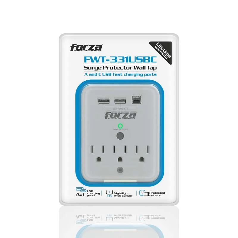 FORZA PROTECTOR CONTRA SOBRETENSIONES DE PARED 110V 3 SALIDAS FWT-331USBC (FWT-331USBC)