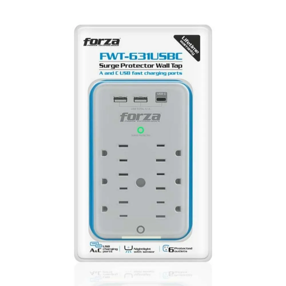 FORZA PROTECTOR CONTRA SOBRETENSIONES DE PARED 110V 6 SALIDAS FWT-631USBC (FWT-631USBC)