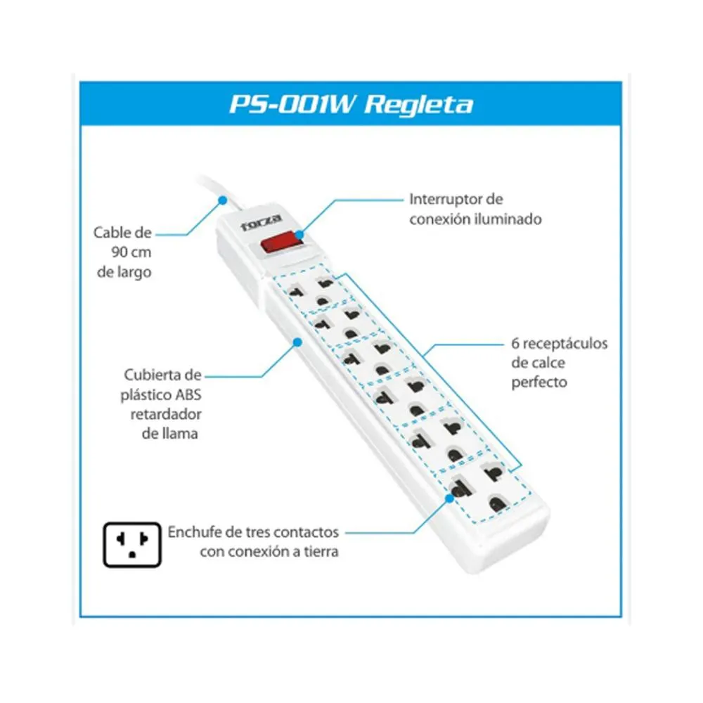 FORZA REGLETA 2200W 6 TOMAS 110V/220V NEMA 6 UNIVERSAL BLANCO (PS-001W)