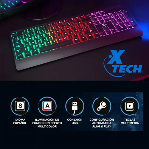 XTECH TECLADO ALAMBRICO MULTIMEDIA GAMING CON LUZ LED MULTICOLOR USB ESPAÑOL NEGRO (XTK-505S)